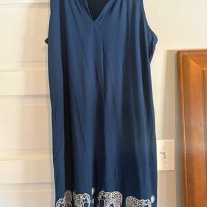 J. Jill Navy Blue Midi Dress with White Lace Trim